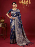 Navy Blue Silk Blend Saree With Blouse Piece