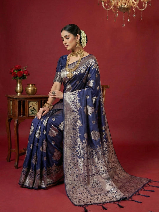Navy Blue Silk Blend Saree With Blouse Piece