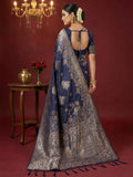 Navy Blue Silk Blend Saree With Blouse Piece