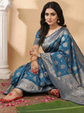Teal Blue Silk Blend Saree With Blouse Piece