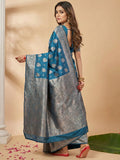 Teal Blue Silk Blend Saree With Blouse Piece
