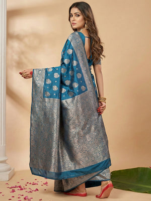 Teal Blue Silk Blend Saree With Blouse Piece