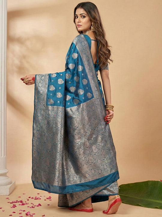 Teal Blue Silk Blend Saree With Blouse Piece