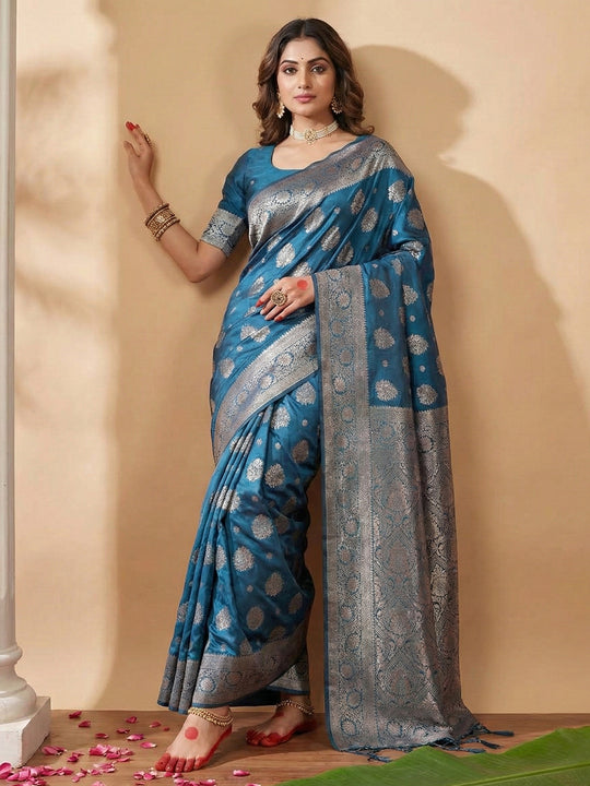 Teal Blue Silk Blend Saree With Blouse Piece