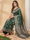 Dark Green Silk Blend Saree With Blouse Piece