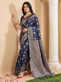 Navy Blue Silk Blend Saree With Blouse Piece