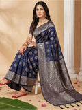 Navy Blue Silk Blend Saree With Blouse Piece
