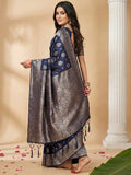 Navy Blue Silk Blend Saree With Blouse Piece