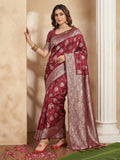 Maroon Silk Blend Saree With Blouse Piece