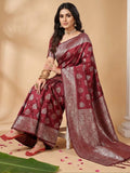 Maroon Silk Blend Saree With Blouse Piece