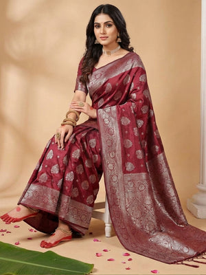 Maroon Silk Blend Saree With Blouse Piece