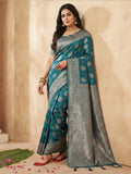 Sea Green Silk Blend Saree With Blouse Piece