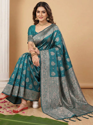 Sea Green Silk Blend Saree With Blouse Piece