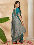 Sea Green Silk Blend Saree With Blouse Piece