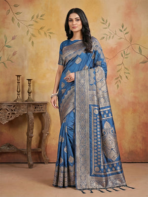 Sky Blue Silk Blend Saree With Blouse Piece