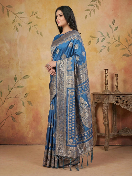 Sky Blue Silk Blend Saree With Blouse Piece