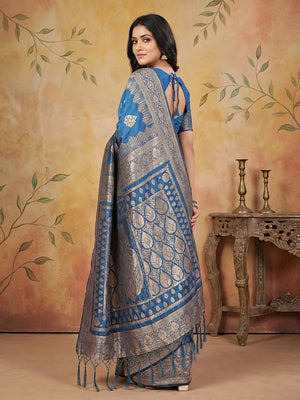 Sky Blue Silk Blend Saree With Blouse Piece
