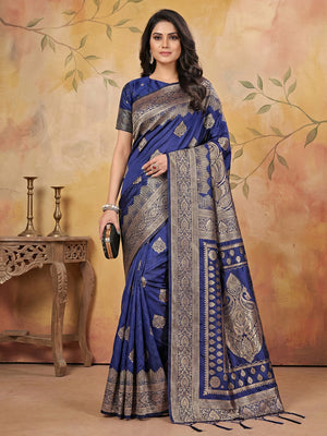 Navy Blue Silk Blend Saree With Blouse Piece
