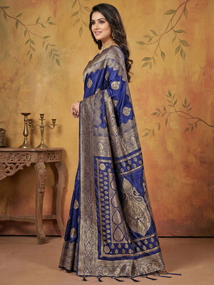 Navy Blue Silk Blend Saree With Blouse Piece
