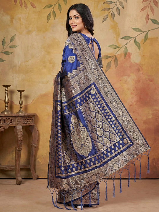 Navy Blue Silk Blend Saree With Blouse Piece
