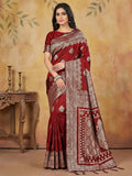 Maroon Silk Blend Saree With Blouse Piece
