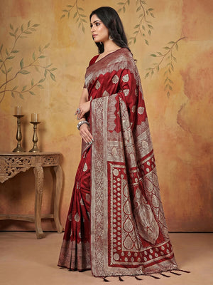 Maroon Silk Blend Saree With Blouse Piece