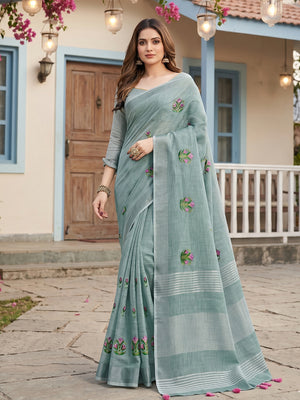 Sea Green Linen Saree With Blouse Piece