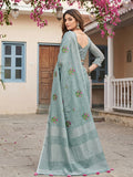 Sea Green Linen Saree With Blouse Piece