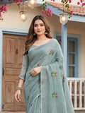 Sea Green Linen Saree With Blouse Piece