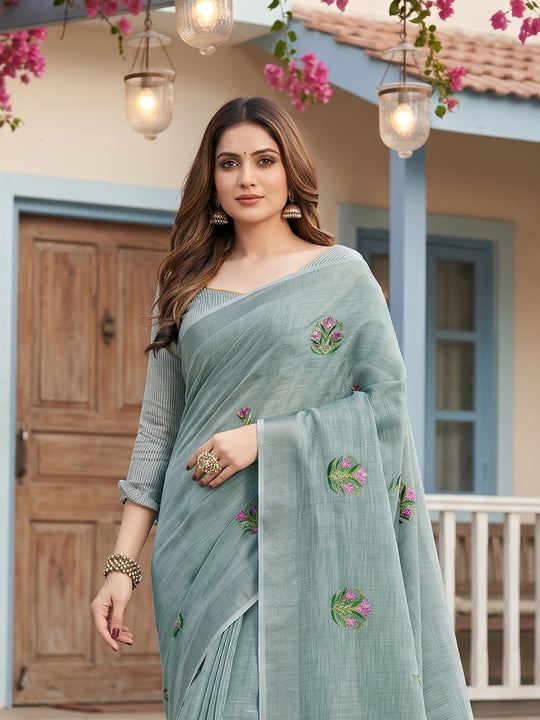 Sea Green Linen Saree With Blouse Piece
