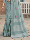 Sea Green Linen Saree With Blouse Piece