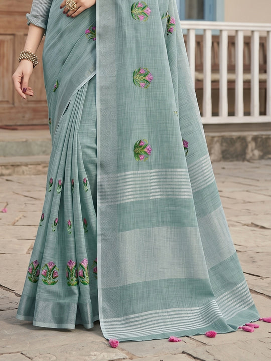 Sea Green Linen Saree With Blouse Piece