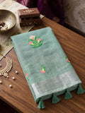 Sea Green Linen Saree With Blouse Piece