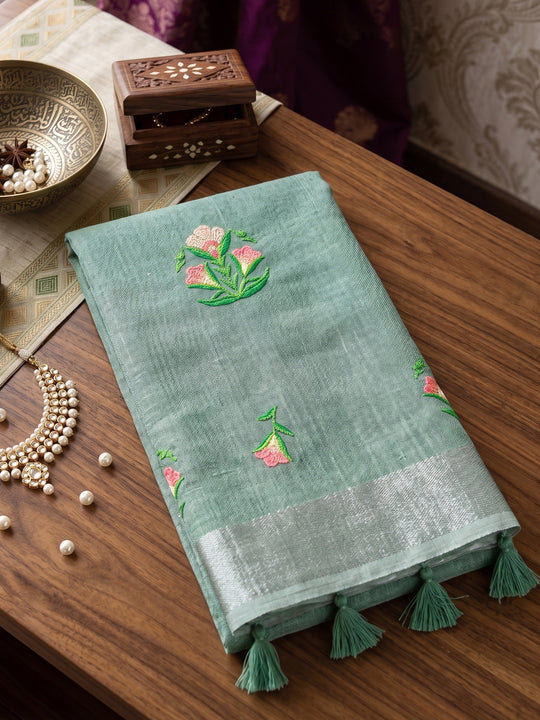 Sea Green Linen Saree With Blouse Piece