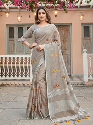 Light Beige Linen Saree With Blouse Piece