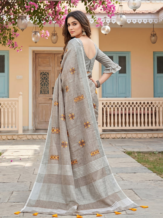 Light Beige Linen Saree With Blouse Piece