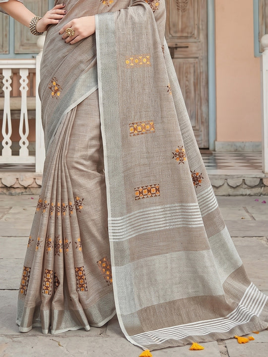 Light Beige Linen Saree With Blouse Piece