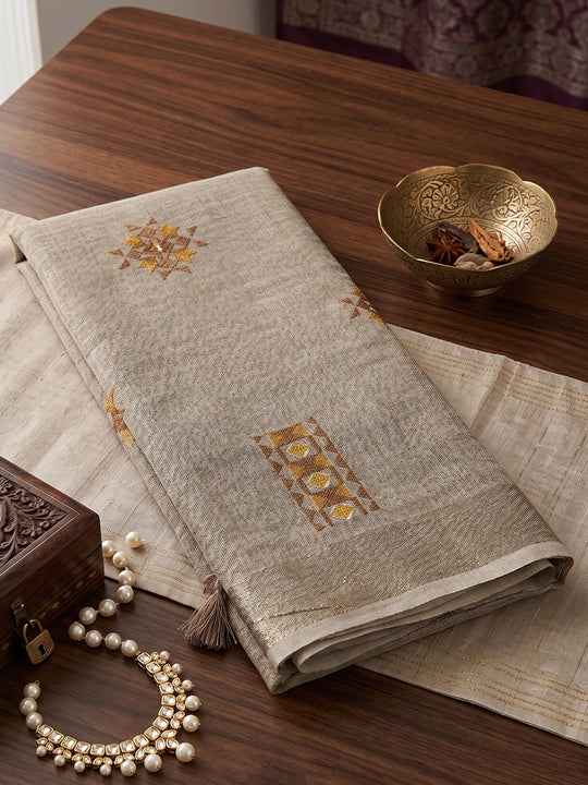 Light Beige Linen Saree With Blouse Piece