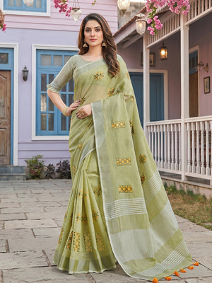 Pista Green Linen Saree With Blouse Piece