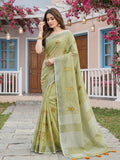 Pista Green Linen Saree With Blouse Piece