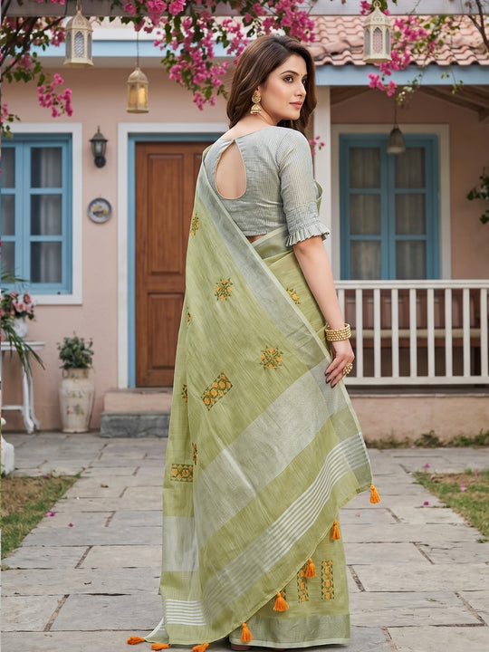 Pista Green Linen Saree With Blouse Piece