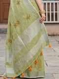 Pista Green Linen Saree With Blouse Piece