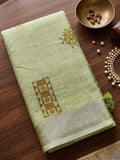 Pista Green Linen Saree With Blouse Piece
