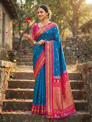 Blue Soft Silk Saree With Blouse Piece