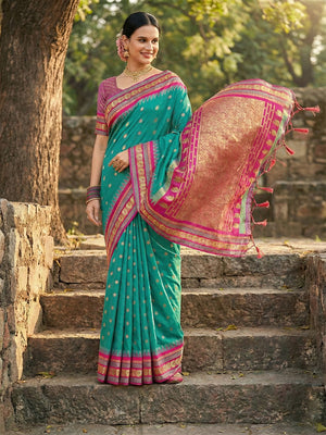 Sea Green Soft Silk Saree With Blouse Piece