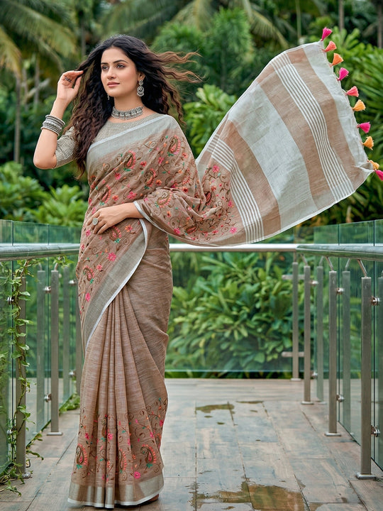 Brown Linen Saree With Blouse Piece