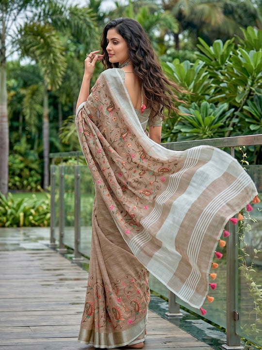 Brown Linen Saree With Blouse Piece