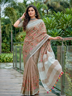 Brown Linen Saree With Blouse Piece