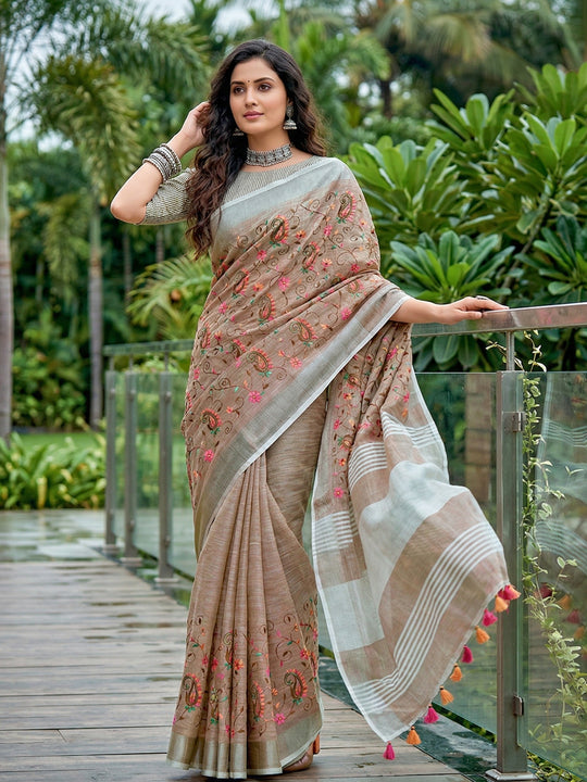 Brown Linen Saree With Blouse Piece
