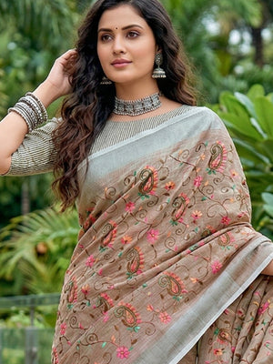 Brown Linen Saree With Blouse Piece